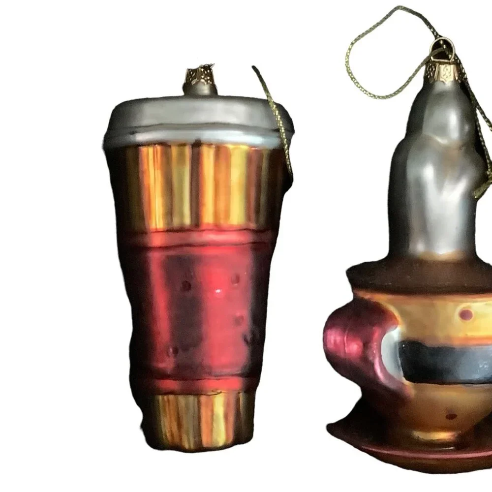 Coffee Themed Glass Ornaments Set of‎ 3 Semi-Vintage Java Mug Cup Hot Coffee Pot